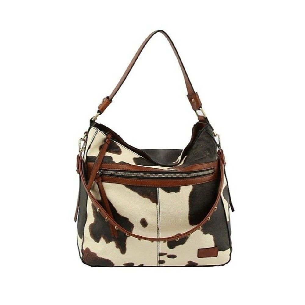 Women's Top Handle Cow Print Shoulder Bag With Studded Strap
